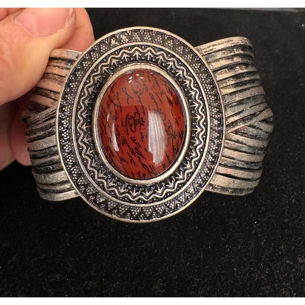 Western Red Jasper Style Stone Silver Tone‎ Multi Strand Cuff Bracelet Boho
